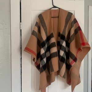 Plaid tan/black/grey/red poncho cape coat open front shawl/wrap
